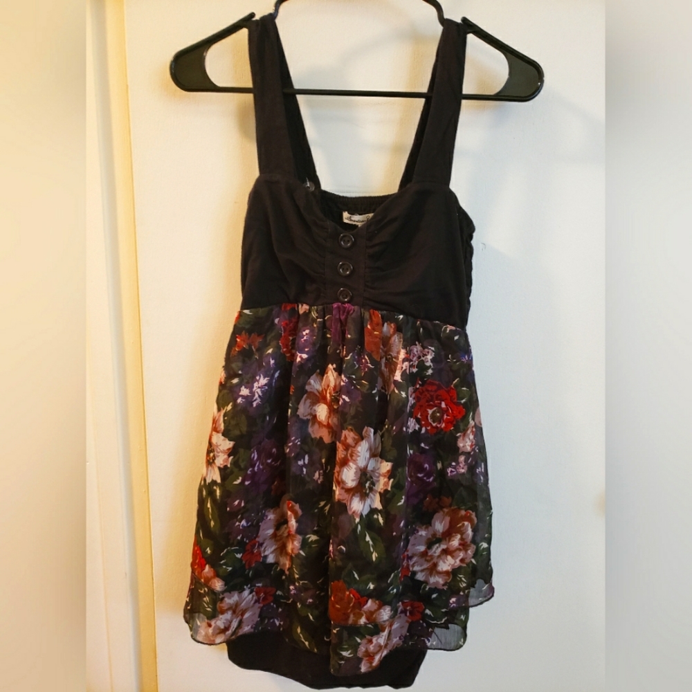 American Rag black & colorful floral midi sleeveless dress w/ sheer layers Small